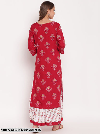 Floral Print Rayon Straight Kurta Skirt Set (Maroon,White)