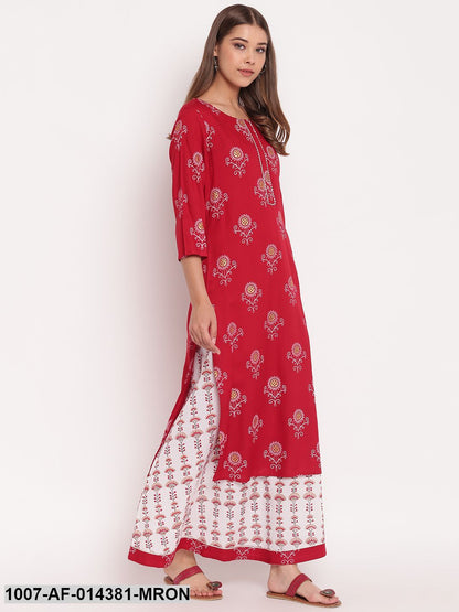 Floral Print Rayon Straight Kurta Skirt Set (Maroon,White)