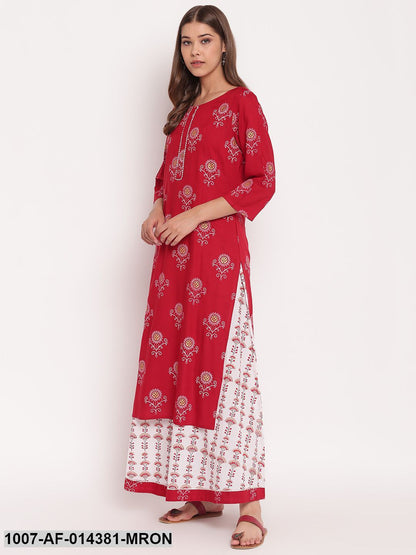 Floral Print Rayon Straight Kurta Skirt Set (Maroon,White)