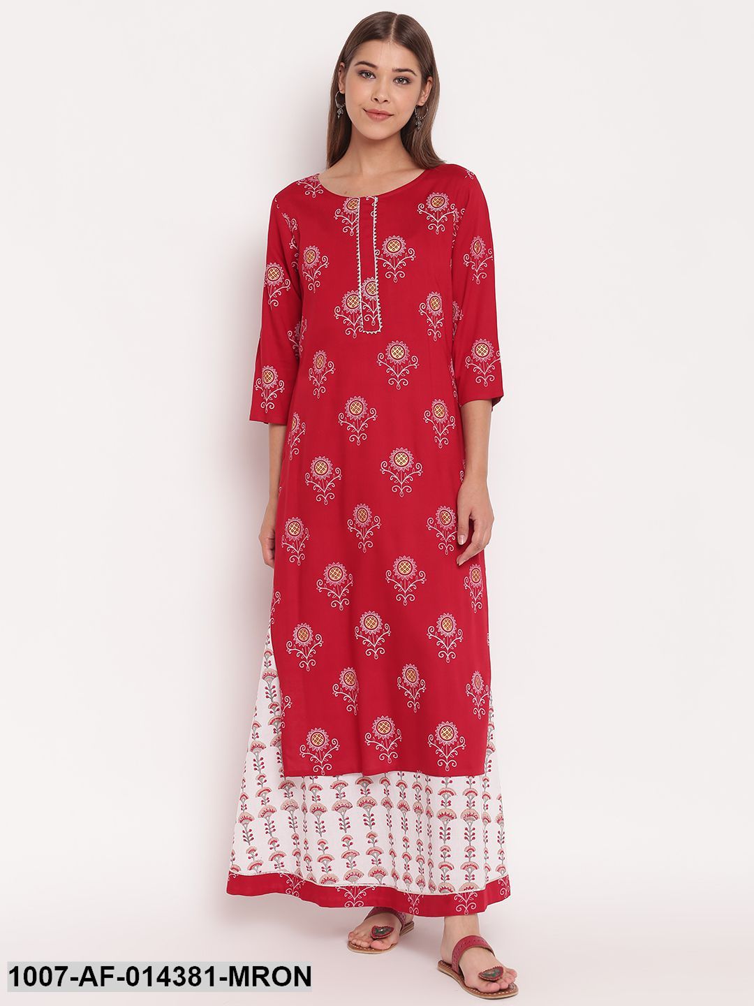 Floral Print Rayon Straight Kurta Skirt Set (Maroon,White)