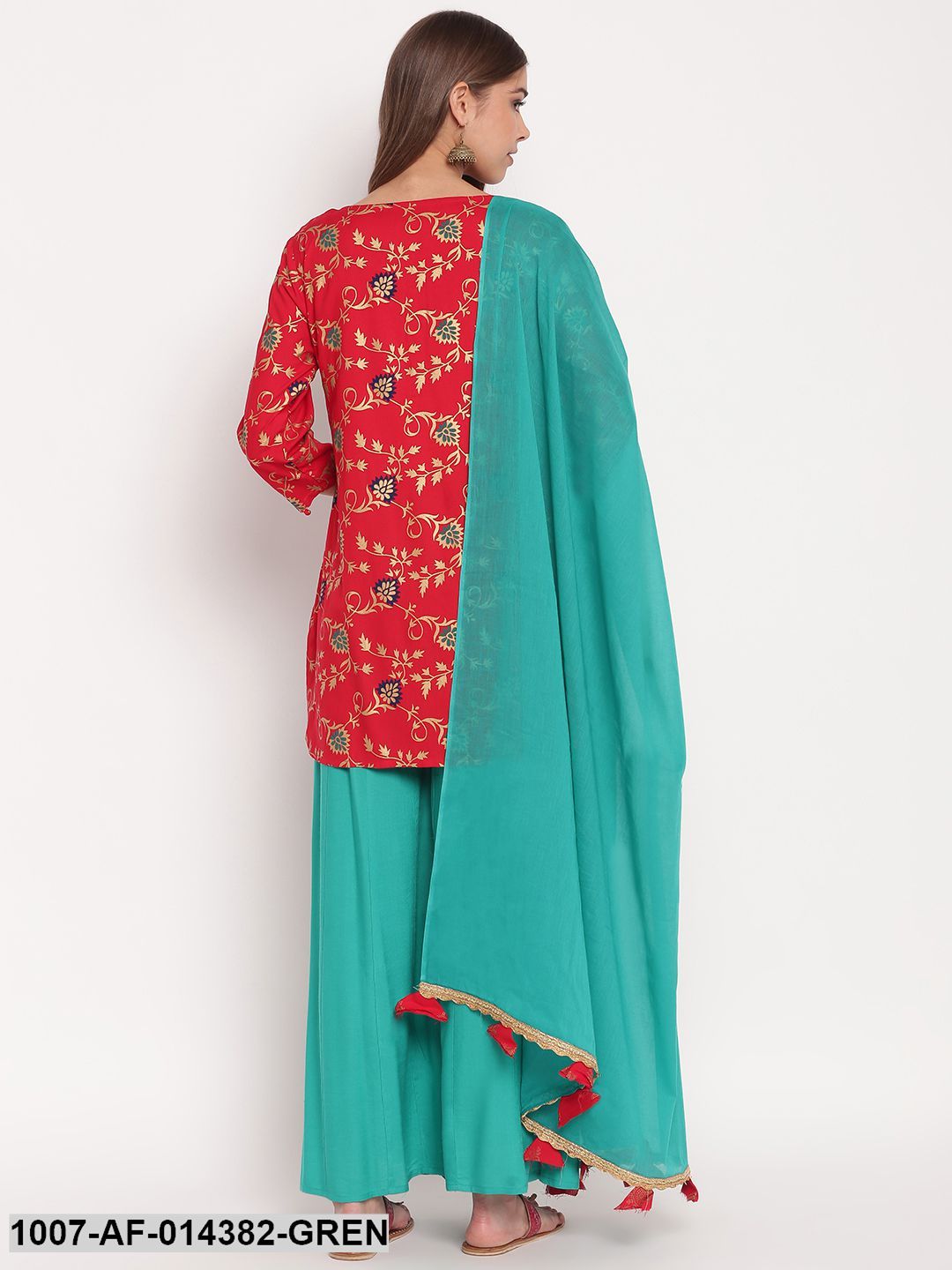 Gold Print Rayon Kurta Palazzo Dupatta Set (Red,Green)