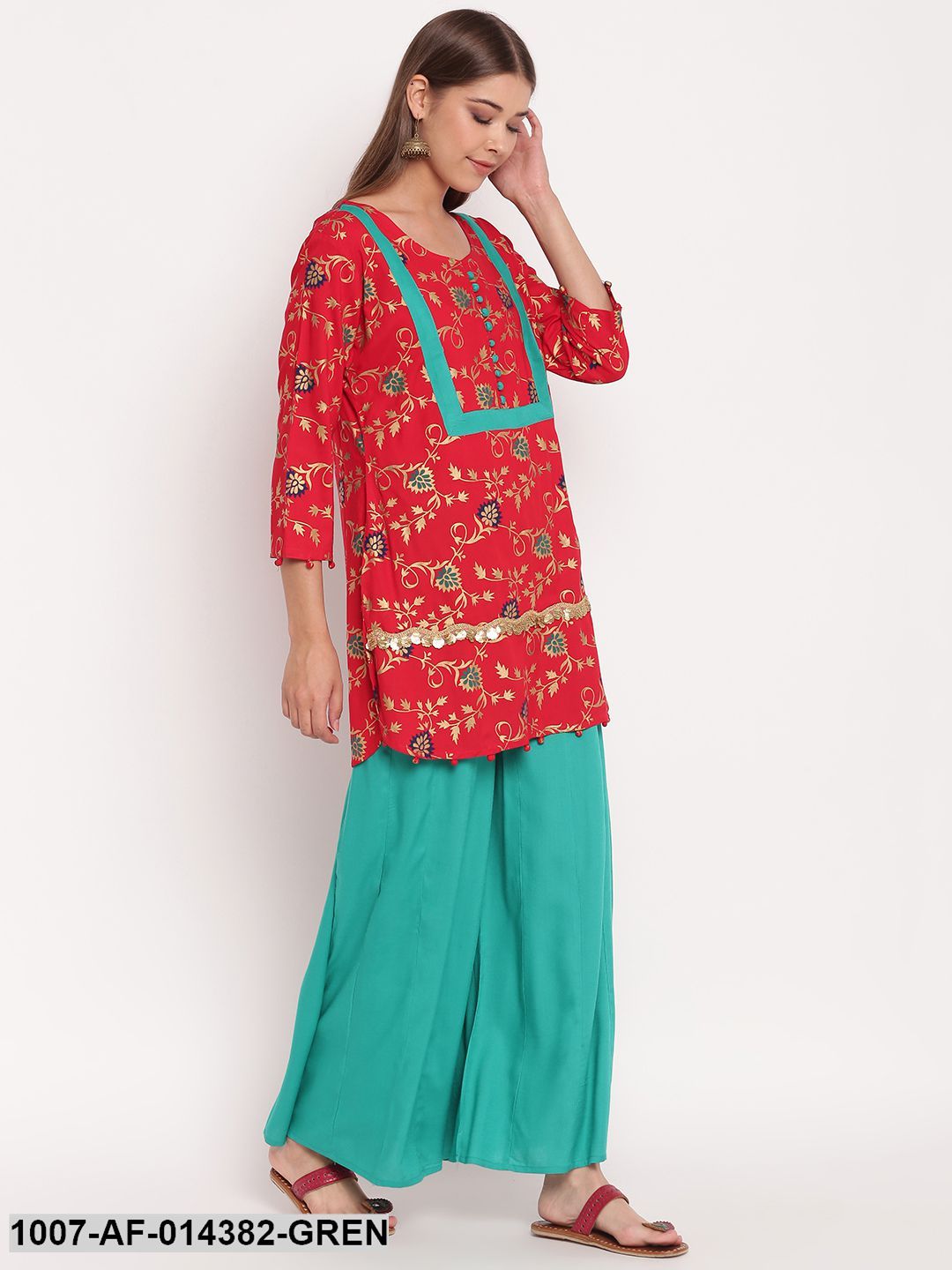 Gold Print Rayon Kurta Palazzo Dupatta Set (Red,Green)