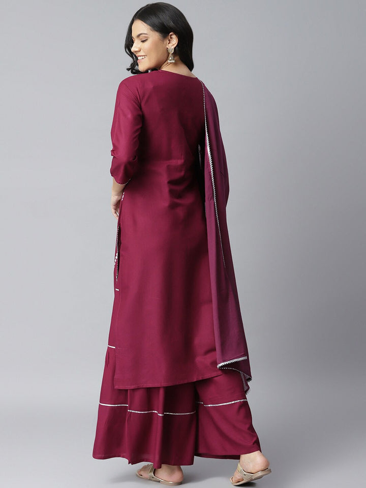 Embellished Rayon Kurta Sharara Dupatta Set (Purple)