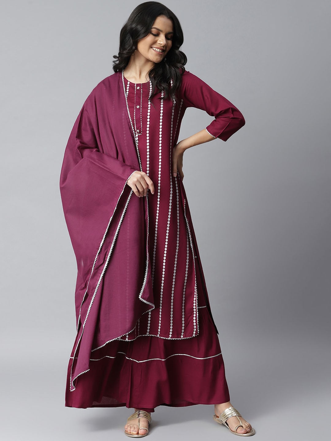 Embellished Rayon Kurta Sharara Dupatta Set (Purple)