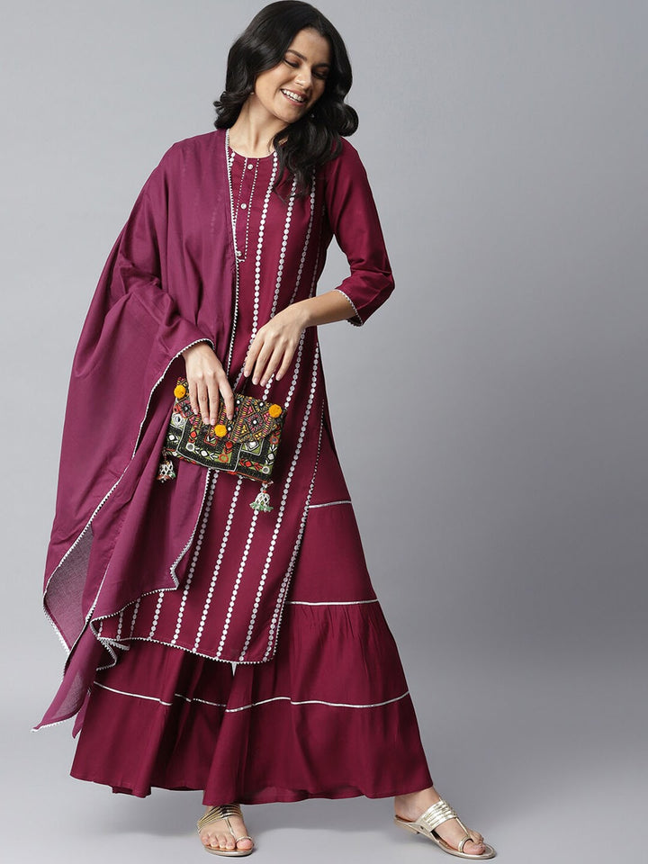 Embellished Rayon Kurta Sharara Dupatta Set (Purple)