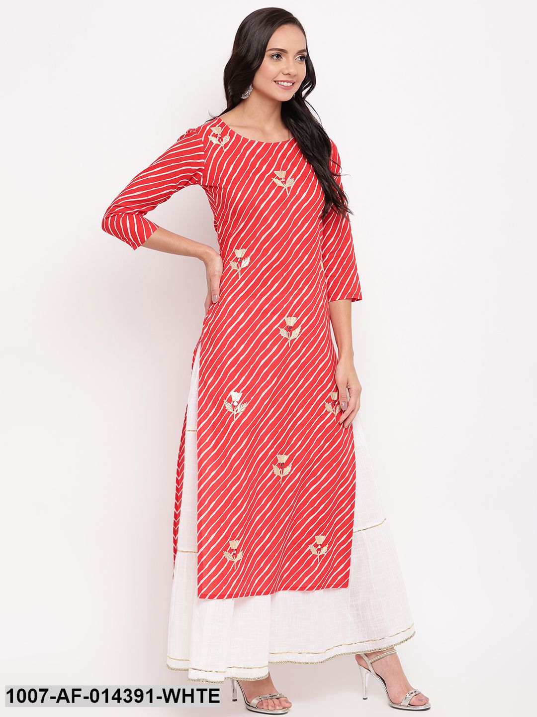 Gota Patti Work Cotton Straight kurta Skirt Set (Red,White)