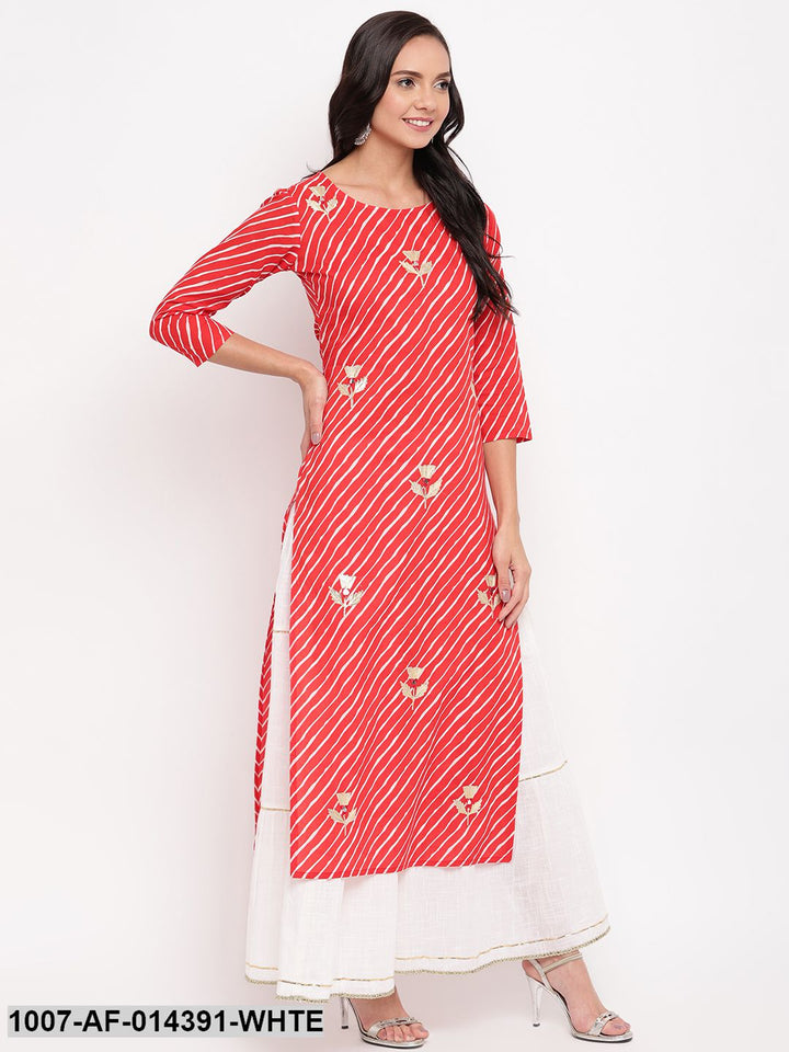 Gota Patti Work Cotton Straight kurta Skirt Set (Red,White)