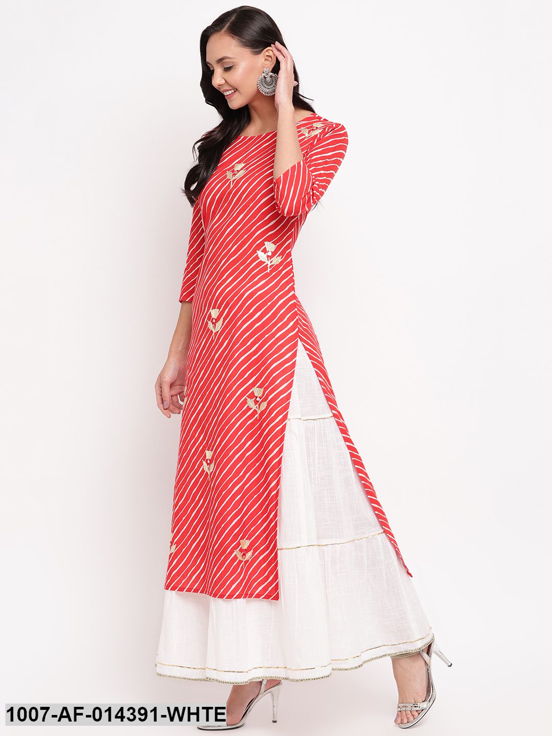 Gota Patti Work Cotton Straight kurta Skirt Set (Red,White)