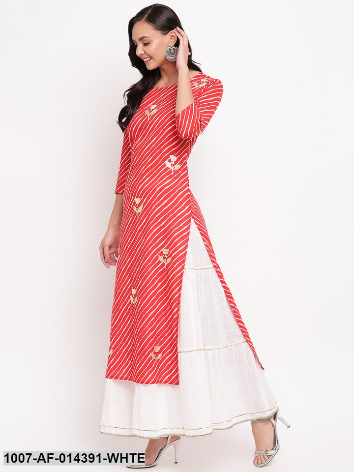 Gota Patti Work Cotton Straight kurta Skirt Set (Red,White)