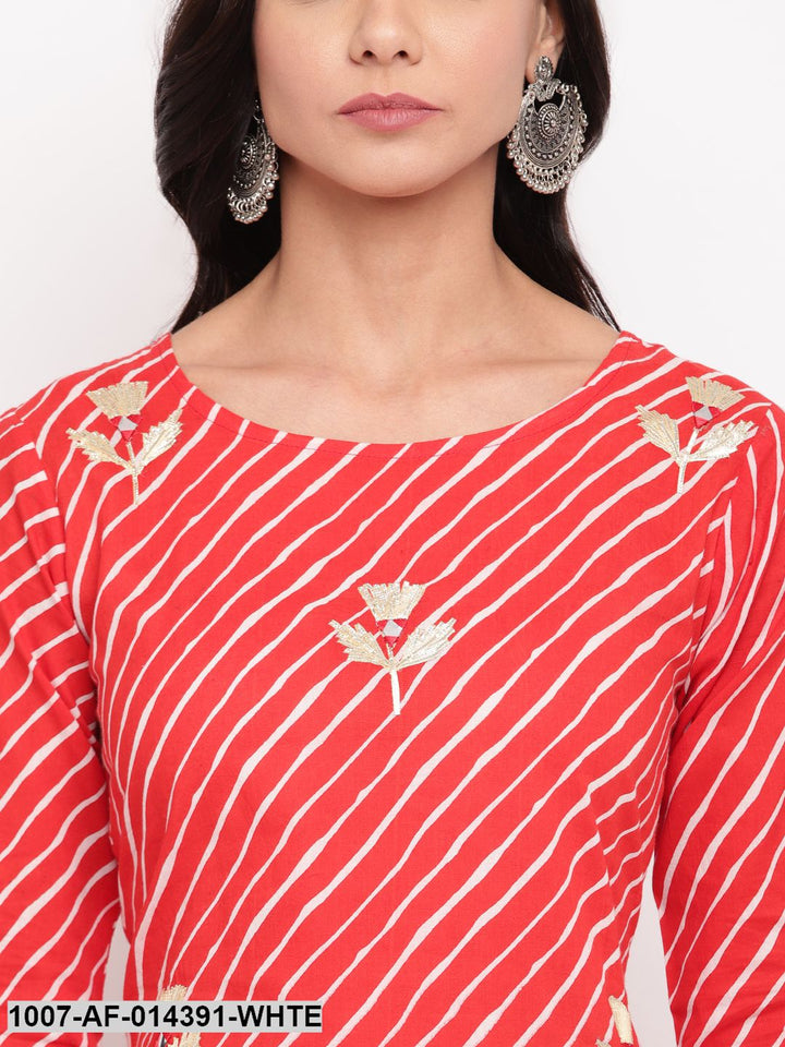 Gota Patti Work Cotton Straight kurta Skirt Set (Red,White)