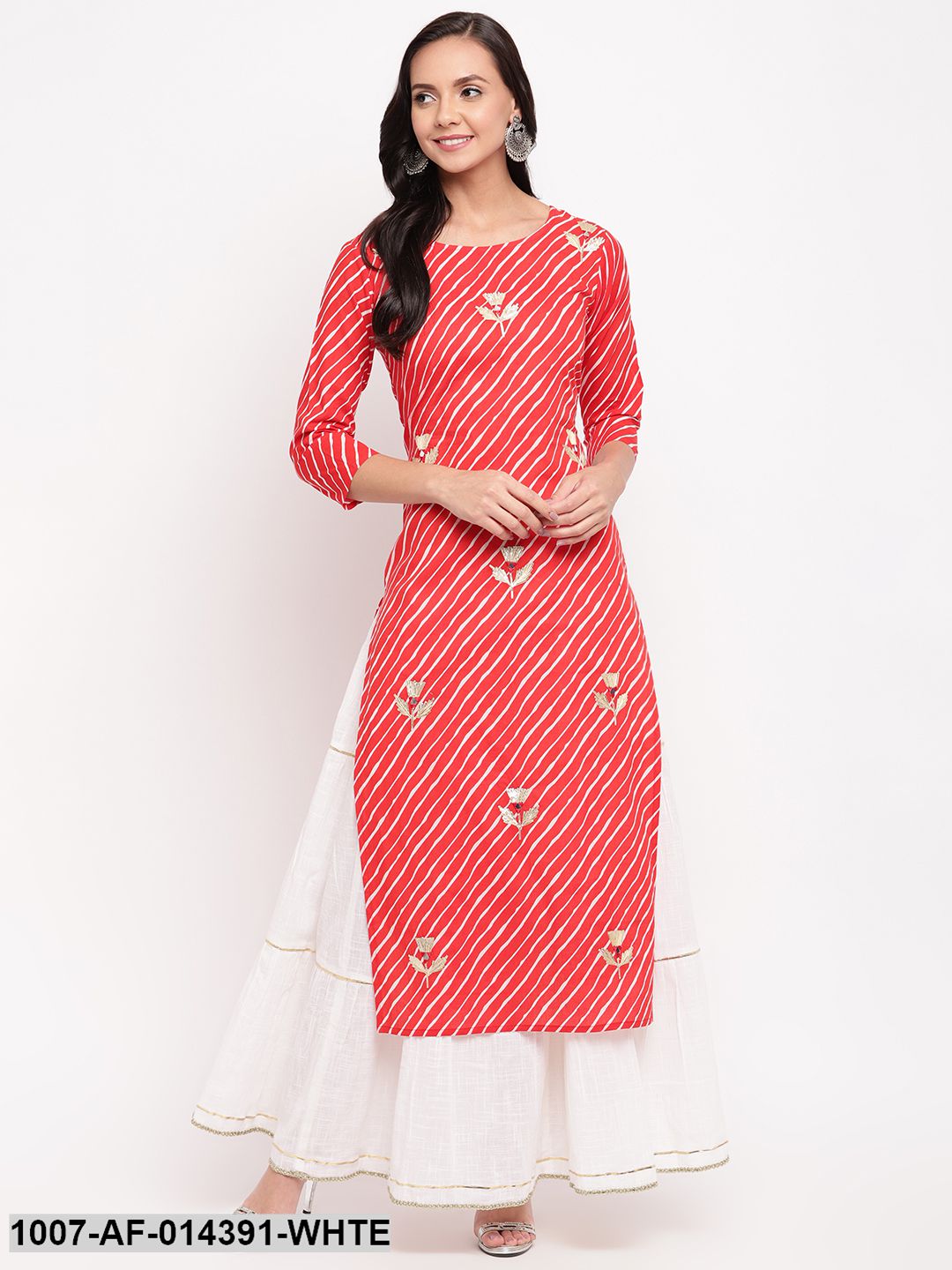 Gota Patti Work Cotton Straight kurta Skirt Set (Red,White)