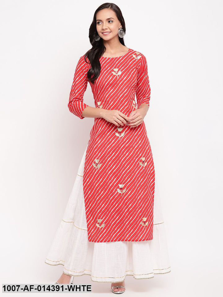 Gota Patti Work Cotton Straight kurta Skirt Set (Red,White)