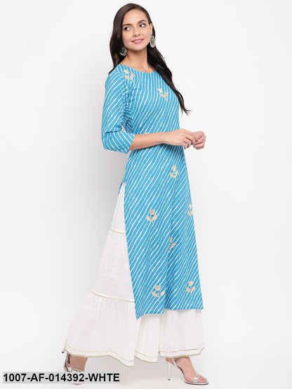 Gota Patti Work Cotton Straight kurta Skirt Set (Sky Blue,White)