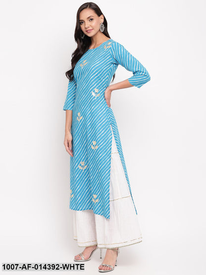 Gota Patti Work Cotton Straight kurta Skirt Set (Sky Blue,White)