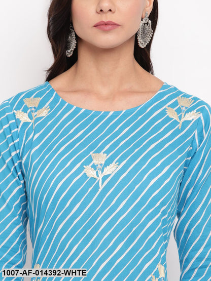 Gota Patti Work Cotton Straight kurta Skirt Set (Sky Blue,White)