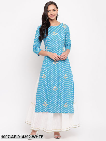 Gota Patti Work Cotton Straight kurta Skirt Set (Sky Blue,White)