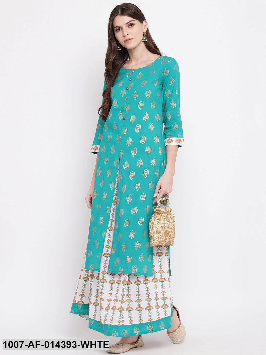 Gold Print Cotton Front Slit kurta Skirt Set (Green,White)