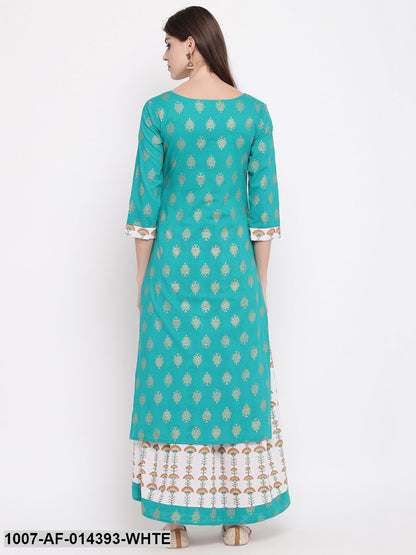 Gold Print Cotton Front Slit kurta Skirt Set (Green,White)