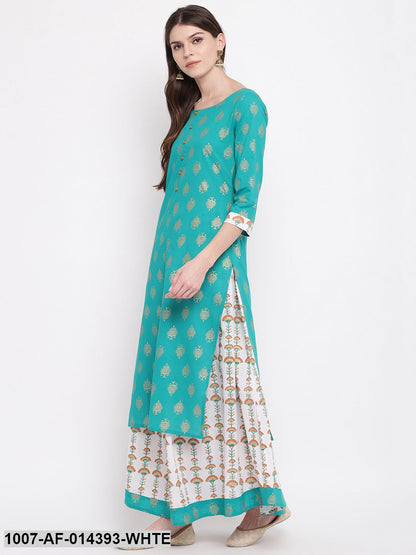 Gold Print Cotton Front Slit kurta Skirt Set (Green,White)
