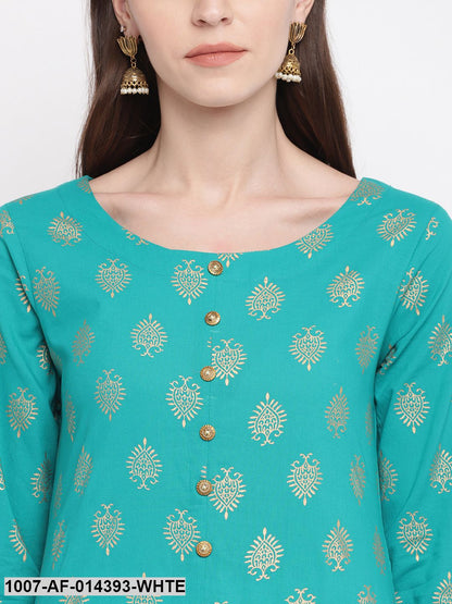 Gold Print Cotton Front Slit kurta Skirt Set (Green,White)