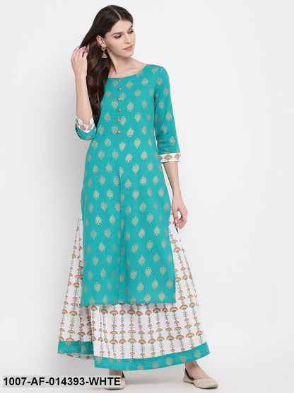 Gold Print Cotton Front Slit kurta Skirt Set (Green,White)