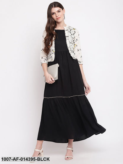 Solid Rayon Tiered kurta with Printed Jacket (Black,White)