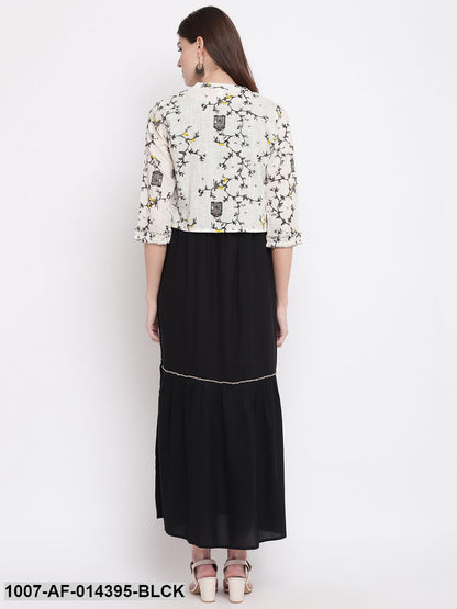 Solid Rayon Tiered kurta with Printed Jacket (Black,White)