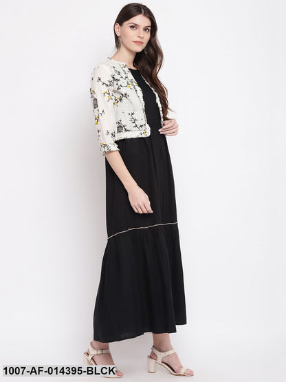 Solid Rayon Tiered kurta with Printed Jacket (Black,White)