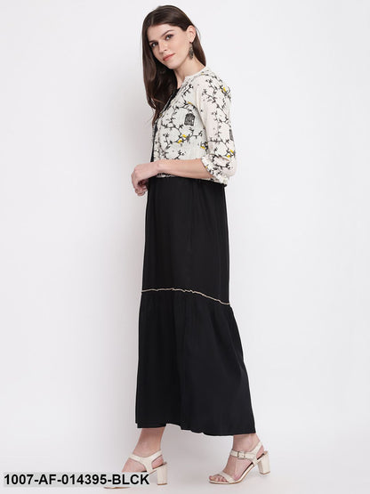 Solid Rayon Tiered kurta with Printed Jacket (Black,White)