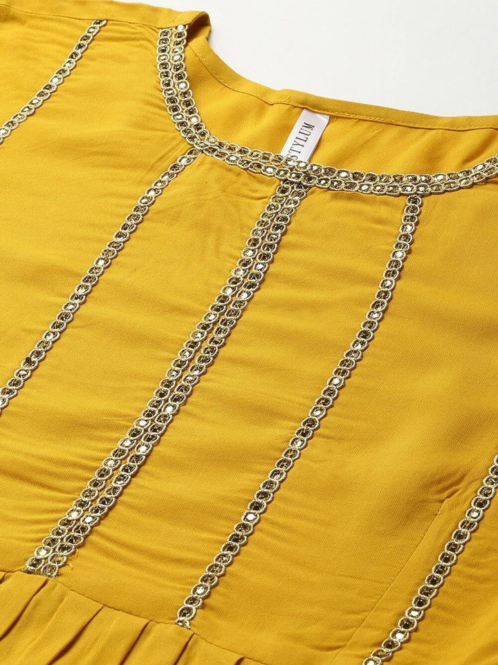 Embellished Rayon Pleated kurta Dhoti Pant Set (Mustard,Off White)