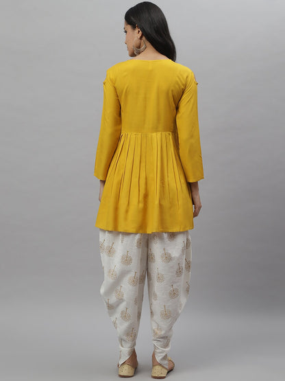 Embellished Rayon Pleated kurta Dhoti Pant Set (Mustard,Off White)