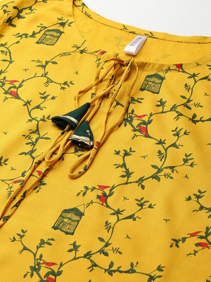 Printed Rayon Straight kurta Skirt Set (Mustard,Dark Green)