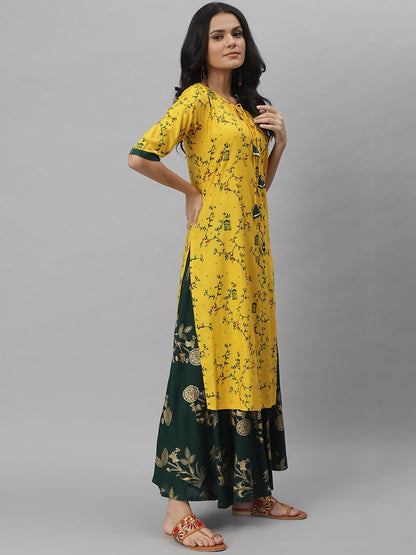 Printed Rayon Straight kurta Skirt Set (Mustard,Dark Green)