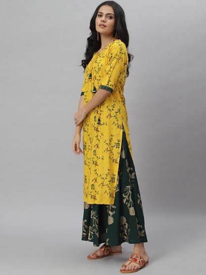 Printed Rayon Straight kurta Skirt Set (Mustard,Dark Green)