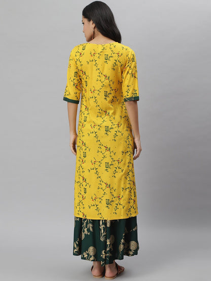 Printed Rayon Straight kurta Skirt Set (Mustard,Dark Green)
