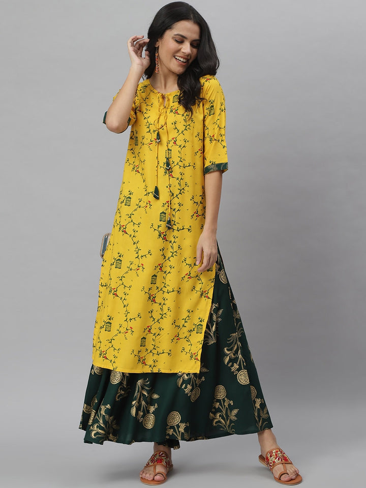 Printed Rayon Straight kurta Skirt Set (Mustard,Dark Green)