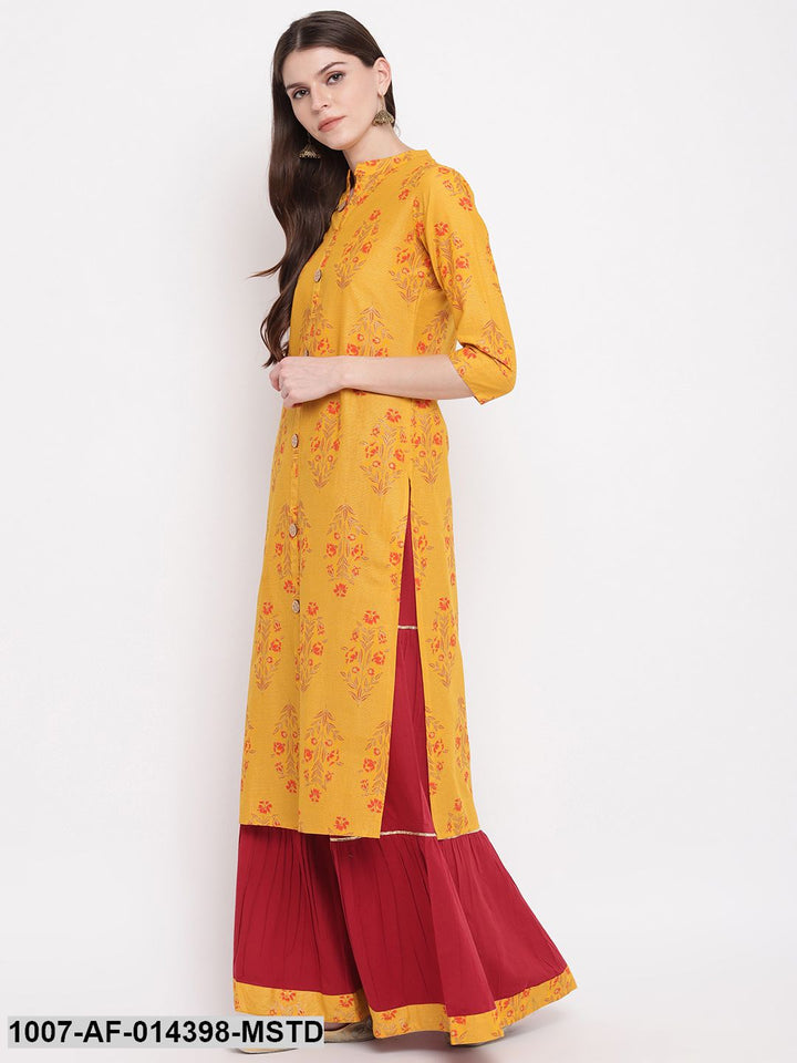 Floral Print Cotton Straight kurta Skirt Set (Mustard,Maroon)