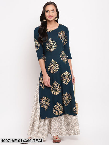Gold Print Rayon Straight kurta Skirt Set (Blue,White)
