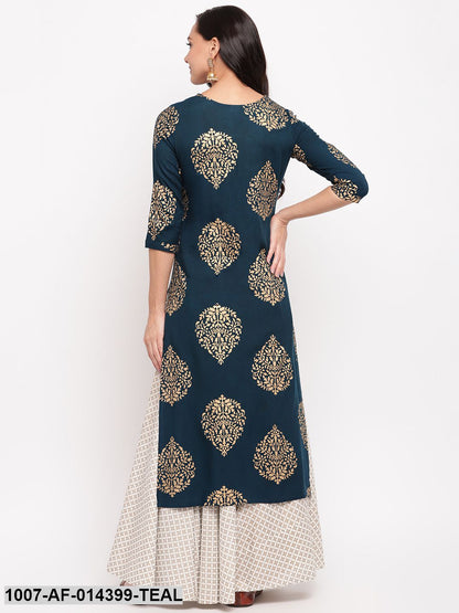 Gold Print Rayon Straight kurta Skirt Set (Blue,White)