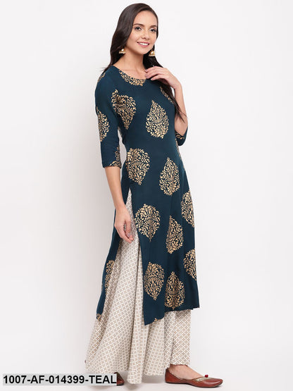 Gold Print Rayon Straight kurta Skirt Set (Blue,White)