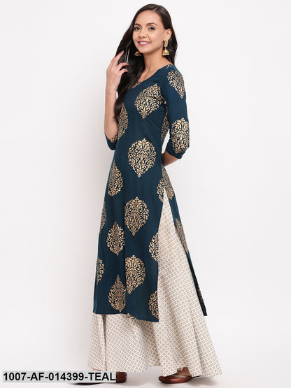 Gold Print Rayon Straight kurta Skirt Set (Blue,White)