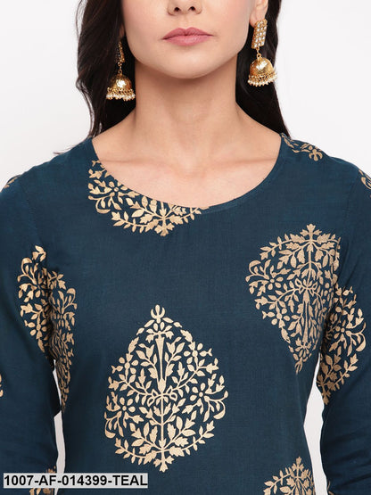 Gold Print Rayon Straight kurta Skirt Set (Blue,White)