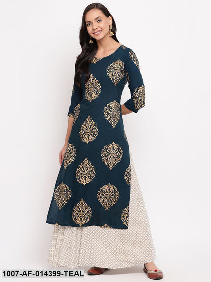 Gold Print Rayon Straight kurta Skirt Set (Blue,White)