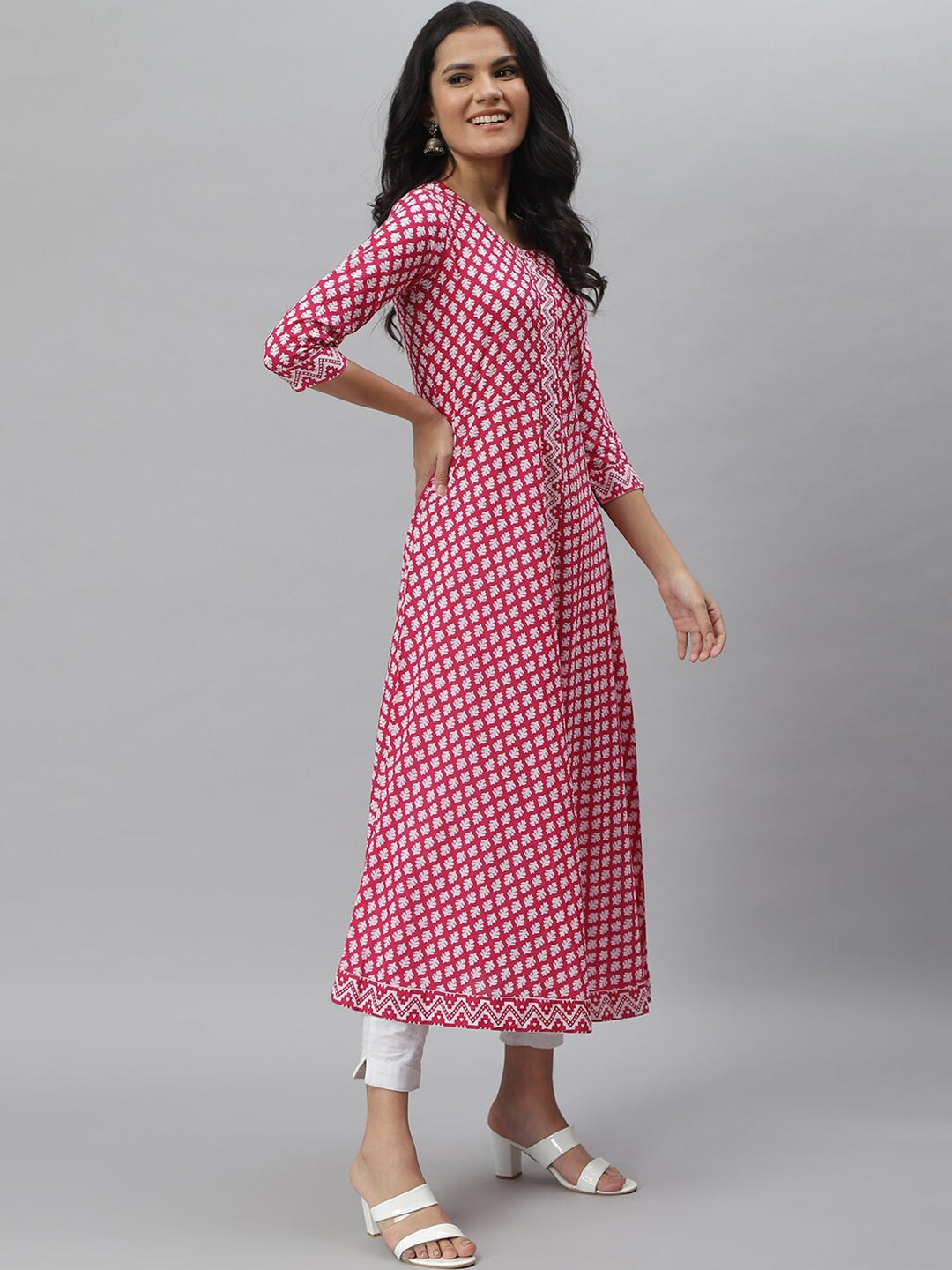 Printed Cotton A-Line Kurta Dupatta Set (Pink)