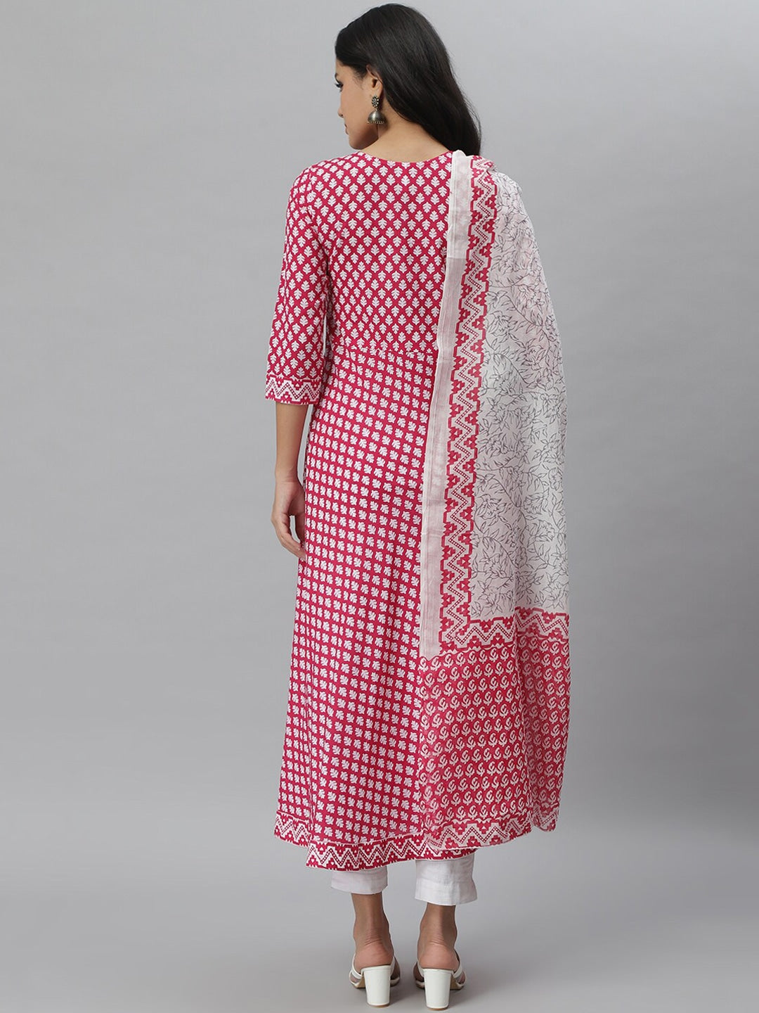 Printed Cotton A-Line Kurta Dupatta Set (Pink)