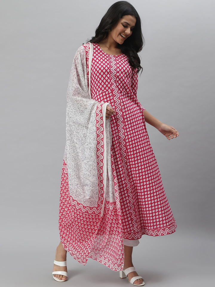 Printed Cotton A-Line Kurta Dupatta Set (Pink)