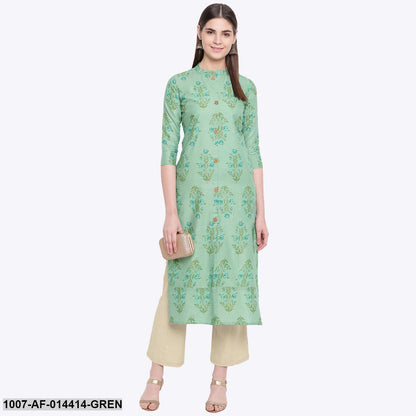 Floral Print Cotton Straight Kurta Pant Set (Green,Beige)