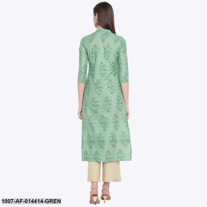 Floral Print Cotton Straight Kurta Pant Set (Green,Beige)