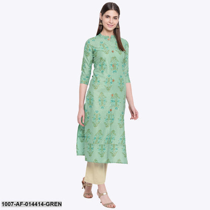 Floral Print Cotton Straight Kurta Pant Set (Green,Beige)