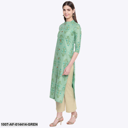 Floral Print Cotton Straight Kurta Pant Set (Green,Beige)